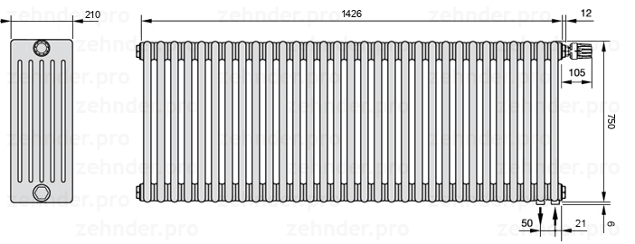 Схема (чертеж) Радиатор Zehnder Charleston 6075/31 №V002 Белый глянцевый RAL 9016